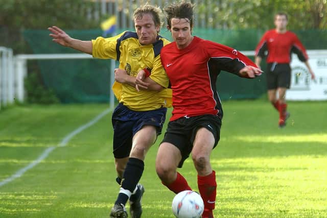 Lee Mould, left, in action for Moneyfields against Fareham's Darren Watts during his Dover Road career. Mould will be returning to Moneys as part of Glenn Turnbull's backroom staff. Picture:  Mick Young