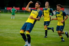 Callum Laycock celebrates scoring Moneyfields' opening goal of the 2023/24 season at Hythe last night. Picture by Dave Bodymore.