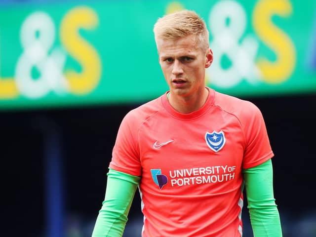 Alex Bass is currently sidelined with a calf injury, with Pompey exploring other options, including Huddersfield's Jacob Chapman. Picture: Joe Pepler