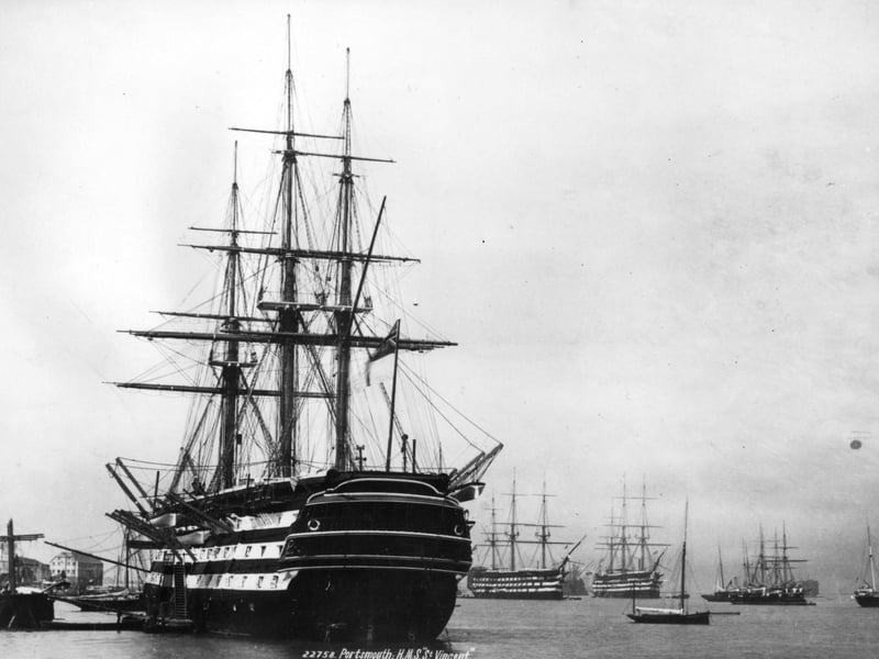 circa 1900:  The old battleship, HMS St Vincent, at Portsmouth.  (Photo by Hulton Archive/Getty Images)