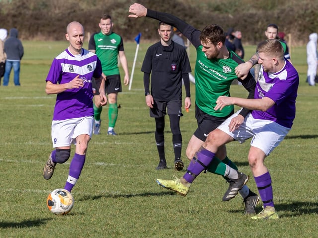 AFC Hilsea (purple) v Saturn Royale. Picture: Mike Cooter