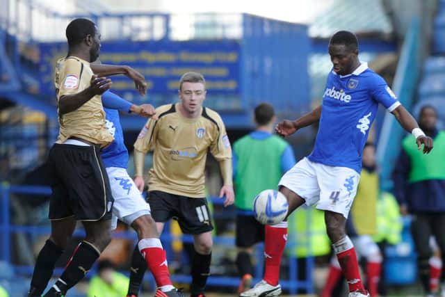 Sam Sodje on his Pompey debut against Colchester in February 2013, a match which finished in a 3-2 Fratton Park defeat. Picture: Ian Hargreaves