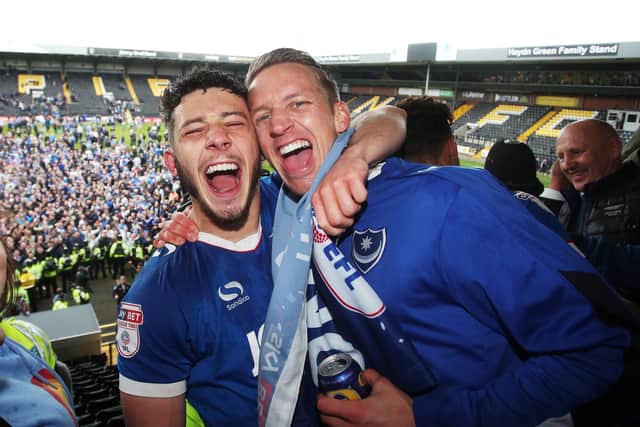A promotion party at an away ground capable of holding thousands of the travelling Pompey army - that was the case at Notts County in April 2017.  Conor Chaplin  and Carl Baker celebrate after the Blues' 3-1 success at Meadow Lane.