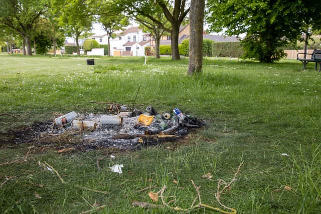 Damaged trees and rubbish left from a bonfire held in Mengham Park by travellers earlier this month.
Photos by Alex Shute