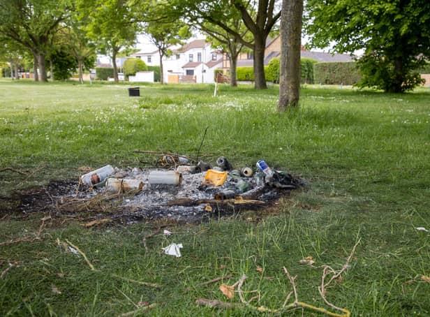 Damaged trees and rubbish left from a bonfire held in Mengham Park by travellers earlier this month.
Photos by Alex Shute