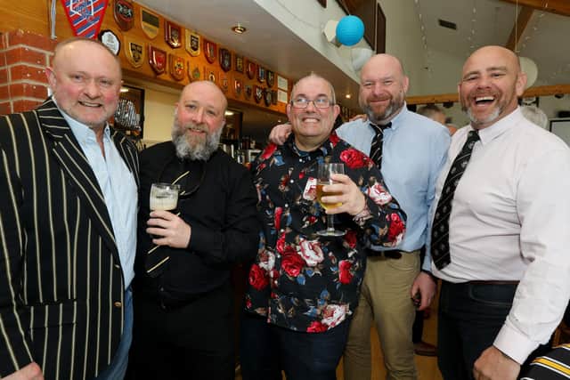 From left: Nick Sillence, Nathan Pragnell, Ian 'Foody' Ford, Ben Di Marco and Neil 'Nobby' Styles were some of the near 90-strong club members or former players in attendance for the celebratory lunch put on to honour departing president Peter Golding's Portsmouth RFC service Picture: Chris Moorhouse