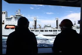 Pictured: HMS Defender takes on fuel from RFA Tidespring to enable the ship to continue Exercise Pacific Crown.