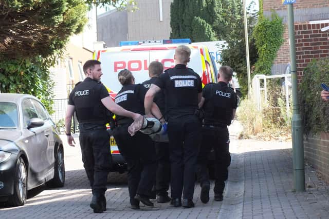 The 39-year-old is carried to the police van Picture: Malcolm Garbutt