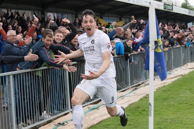 Jason Prior celebrates his last-gasp winner for the Hawks against Concord in April 2018 that saw them win promotion to the National League. Picture: Neil Marshall.