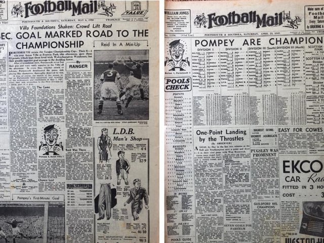 Left - Pompey 5 Aston Villa 1, May 1950 - Pompey retain the Division 1 title on goal average from Wolves. Right - Bolton 1 Pompey 2, April 1949 - the Blues are crowned champions of England for the first time.