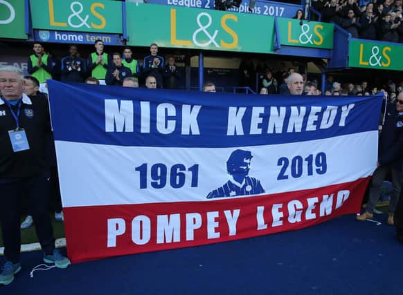 Fratton Park paid tribute to the late Mick Kennedy during the visit of Barnsley following his passing in February 2019. Picture: Joe Pepler