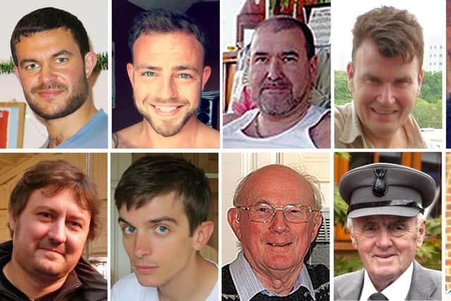 Top row, from left: Matthew Grimstone, Matt Jones, Mark Reeves, Tony Brightwell and Mark Trussler. Bottom row, from left: Dylan Archer, Richard Smith, Graham Mallinson, Maurice Abrahams and Daniele Polito, who died in the Shoreham Airshow crash, after a vintage Hawker Hunter jet crashed killing 11 men when it hit a road and burst into a fireball during a failed stunt at Shoreham Airshow Picture: PA/PA Wire