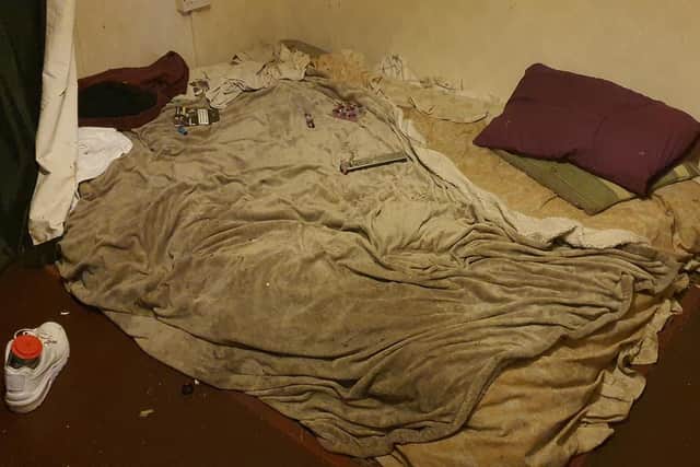 A mattress covered in drugs paraphernalia in the living room of the flat in Gosport. Picture: Gosport Borough Council.