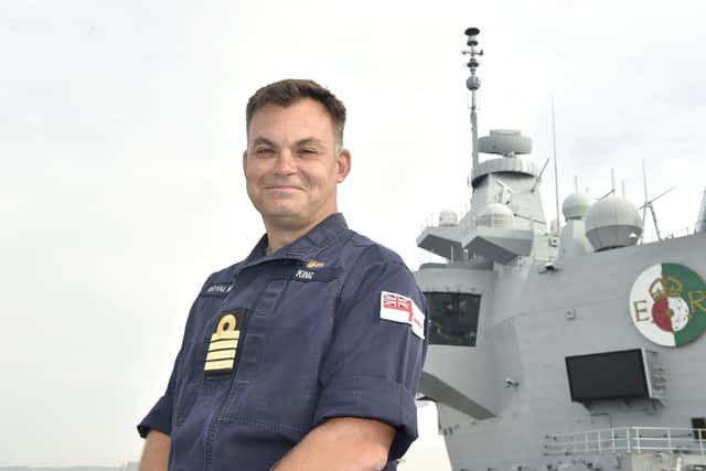Pictured is: Commanding Officer of HMS Queen Elizabeth, Captain Will King RN OBE. Picture: Sarah Standing (080923-8291)