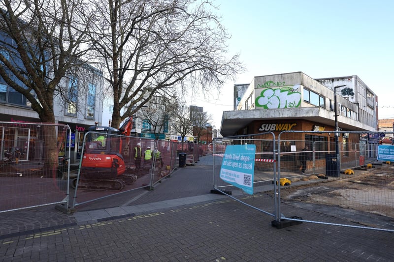 Improvement works going on in Commercial Road (the end outside Subway) and at the end of Charlotte Street in Portsmouth, Hampshire.
Monday 12th February 2024.
Picture: Sam Stephenson.