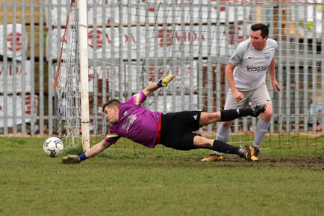 The Watersedge keeper is beaten as Bedhampton Village Reserves take a 2-1 lead in Division 4. Picture Kevin Shipp