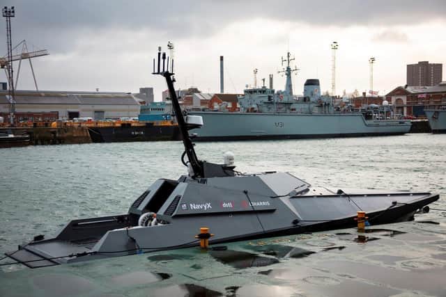 The Madfox autonomous boat pictured leaving Portsmouth Harbour. Photo: Royal Navy
