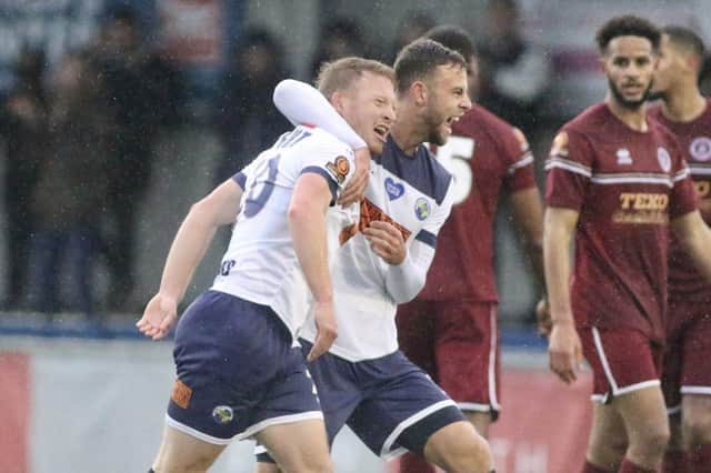 Tommy Wright is congratulated by Josh Taylor after his first goal against Chelmsford. Pic: Kieron Louloudis