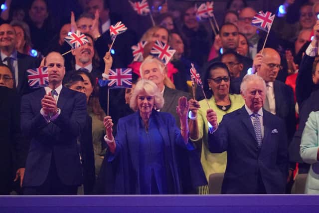 Prince William, Prince of Wales, Queen Camilla and King Charles III in the Royal Box at the Coronation Concert in the grounds of Windsor Castle. Photo by Yui Mok (WPA Pool/Getty Images)