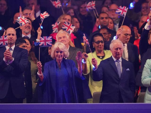 Prince William, Prince of Wales, Queen Camilla and King Charles III in the Royal Box at the Coronation Concert in the grounds of Windsor Castle. Photo by Yui Mok (WPA Pool/Getty Images)