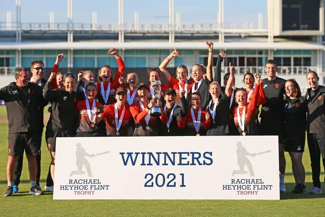 Southern Vipers celebrate retaining the Rachael Heyhoe Flint Trophy. Picture: Nigel French/PA Wire.