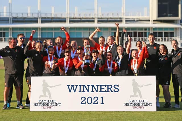 Southern Vipers celebrate retaining the Rachael Heyhoe Flint Trophy. Picture: Nigel French/PA Wire.