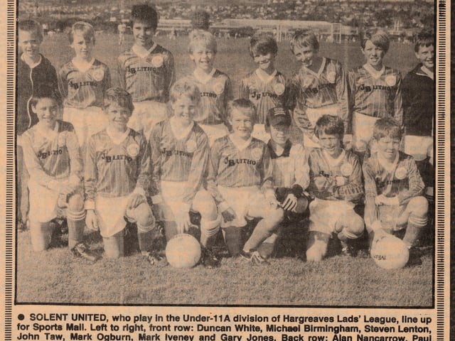 Solent United U11A, who play in the Hargreaves Lads League. Back (from left) Alan Nancarrow, Paul Madden, Paul Spacey, Mark Holt, Justin Kemp, Chris Hawkins, David Townsend, Martin McAndrew. Front: Duncan White, Michael Birmingham, Steven Lenton, John Taw, Mark Ogburn, Mark Iveney, Gary Jones. 1985/86