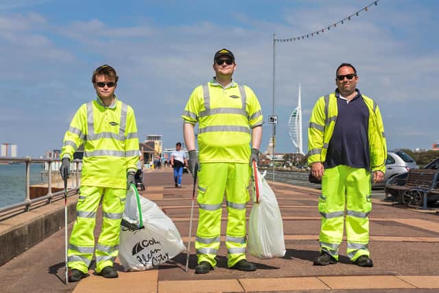 One of the Colas Seafront Cleansing Teams that keep the seafront tidy - Max Lycett, 18, Jay Shorthouse, 21, and Jim Roberts, 46 Picture: Mike Cooter (080621)