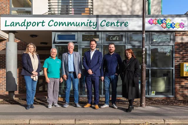 Pictured: Penny Mordaunt MP, Alan Jenkins (Landport Community Centre Manager), Jon Muller (Chair of Trustees, Enable Ability), Stephen Morgan MP, Councillor Cal Corkery and Councillor Kirsty Mellor. Picture: Mike Cooter (311021)