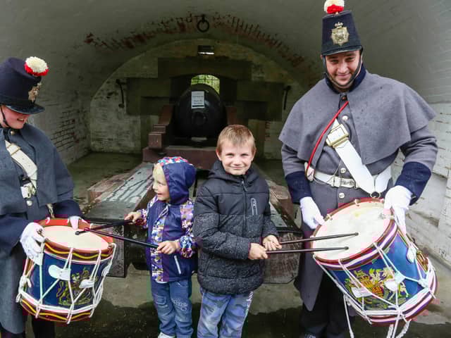 Kason (5) and Marc Jr Lovlock (8) on the drums of Tamsin Coster and Scott Taylor of The Fort Cumberland Guard.