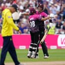 Somerset's Josh Davey (left) and Craig Overton celebrate T20 Blast semi-final victory over Hampshire. Picture: Mike Egerton/PA Wire.