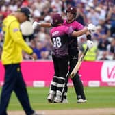 Somerset's Josh Davey (left) and Craig Overton celebrate T20 Blast semi-final victory over Hampshire. Picture: Mike Egerton/PA Wire.