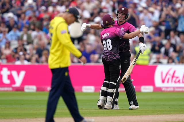 Somerset's Josh Davey (left) and Craig Overton celebrate T20 Blast semi-final victory over Hampshire. Picture: Mike Egerton/PA Wire.
