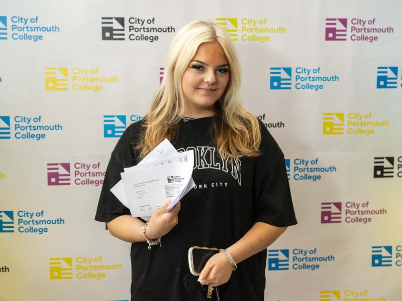 Megan collects her results at City of Portsmouth College results day 2024.