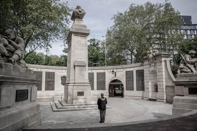 Lord Mayor David Fuller laying a wreath for VE Day, May 8, 2020. Picture: Habibur Rahman