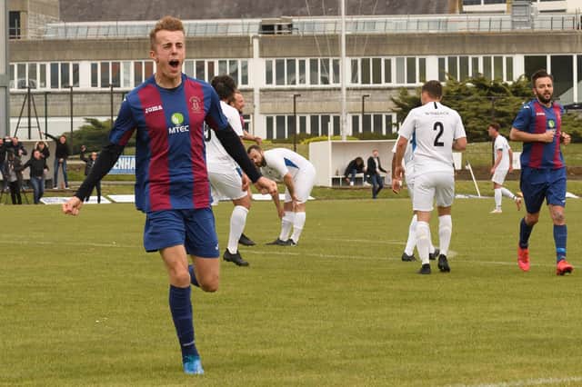 James Franklyn celebrates his FA Vase semi-final goal against Binfield - one of 20 in league and cup action for the attacking midfielder in 2020/21. Picture: Keith Woodland