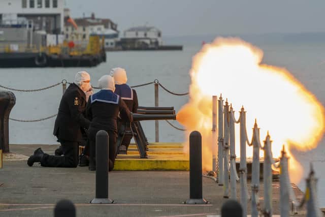 Sailors from Portsmouth Naval Base fire a 41 gun salute on April 10, 2021 in Portsmouth marking the death of His Royal Highness, The Prince Philip, Duke of Edinburgh. (Photo by Chris Eades/Getty Images)