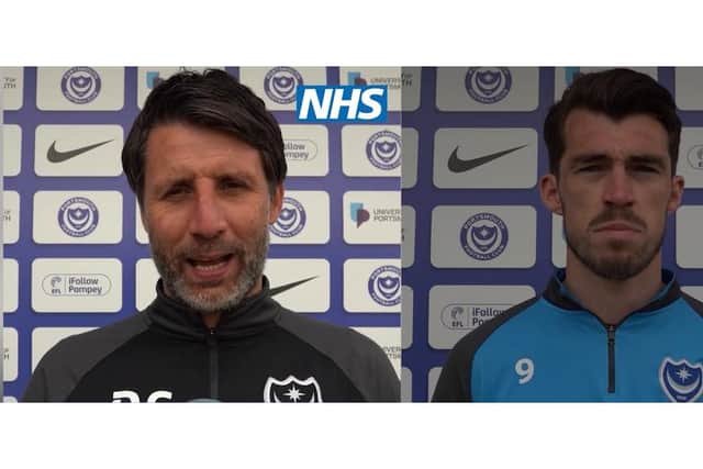 Danny Cowley and John Marquis from Portsmouth Football Club appeared in a video to encourage people to have their Covid vaccines. Picture: NHS