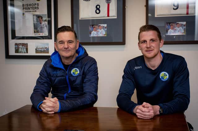 Havant & Waterlooville Pro:Direct Academy head coach and first-team player Joe Oastler, right, with Hawks boss Paul Doswell Picture: Habibur Rahman