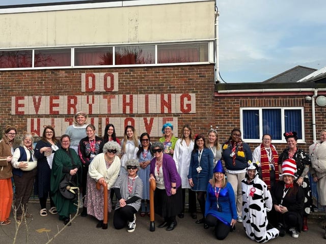 St Paul's Catholic Primary School has got in the spirit of World Book Day by getting dressed up to celebrate the importance of reading. Pictured: Teachers and staff dressed up