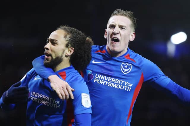 Ronan Curtis, right, celebrates with Marcus Harness. Picture: Joe Pepler