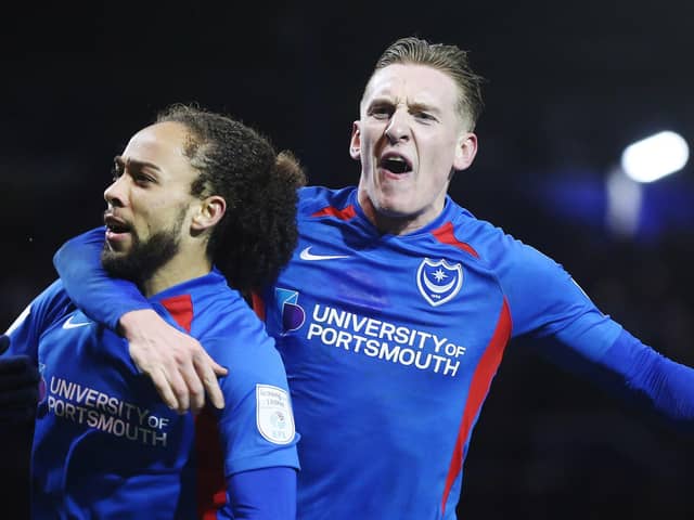 Ronan Curtis, right, celebrates with Marcus Harness. Picture: Joe Pepler
