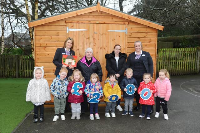 Bushytails Pre-School in Waterlooville, has raised £2,900 for a new shed with the help of Co-operative Funeralcare in Waterlooville and other branches who put £2,000 towards it. Pictured is: (back left and right) Kelly Tice and Ali Davison, funeral co-ordinator from Co-operative Funeralcare in Waterlooville with (second left and second right) Jane Whiley, Bushytails Pre-School manager and Kirsty Creighton, parent and treasurer with children (l-r) Brek Sampey (4), Elliott Hayden-Hobbs (4), Freya Rees (4), Isabelle Matkin (3), Arthur Lau (3), Mason Warewood (4), Rosie Cordery (2) and Isla Creighton (3).Picture: Sarah Standing (240220-8623)