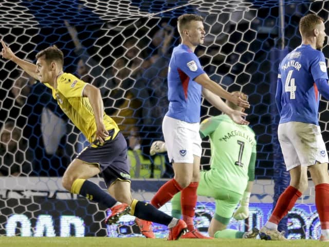 Michael Rose celebrates Coventry's equaliser in their 3-3 draw at Pompey. Picture: Robin Jones