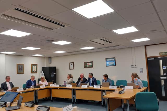 Fareham Borough Council Planning Committee. From R: Cllr David Foot, Cllr Ian Bastable, Cllr Joanne Burton, Cllr Kirsten Wiltshire, Cllr Steve Dugan, Cllr Paul Nother, Cllr Kay Mandry, Cllr Gemma Furnivall
