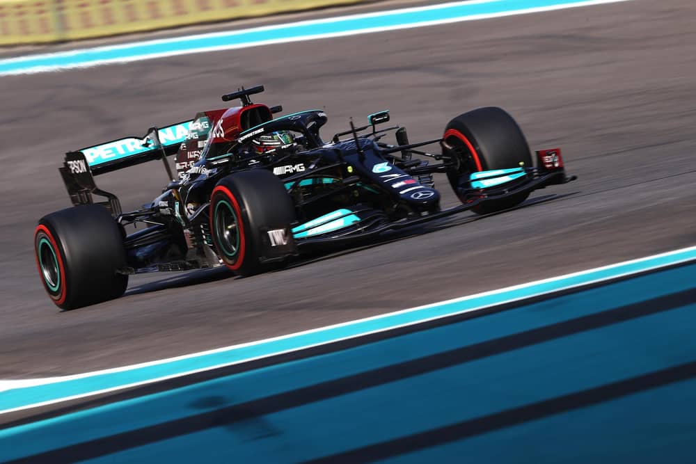 Lewis Hamilton of Great Britain driving the (44) Mercedes AMG Petronas F1 Team Mercedes W12 during final practice ahead of the F1 Grand Prix of Abu Dhabi at Yas Marina Circuit on December 11, 2021 in Abu Dhabi, United Arab Emirates. Picture: Lars Baron/Getty Images