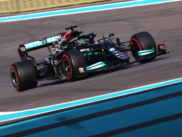 Lewis Hamilton of Great Britain driving the (44) Mercedes AMG Petronas F1 Team Mercedes W12 during final practice ahead of the F1 Grand Prix of Abu Dhabi at Yas Marina Circuit on December 11, 2021 in Abu Dhabi, United Arab Emirates. Picture: Lars Baron/Getty Images