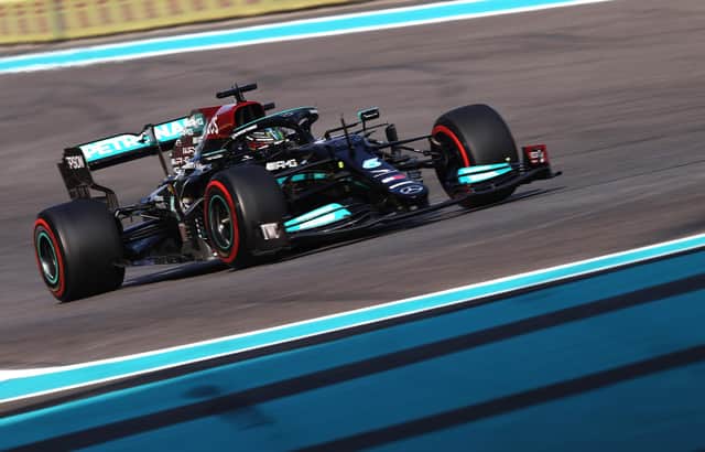 Lewis Hamilton of Great Britain driving the (44) Mercedes AMG Petronas F1 Team Mercedes W12 during final practice ahead of the F1 Grand Prix of Abu Dhabi at Yas Marina Circuit on December 11, 2021 in Abu Dhabi, United Arab Emirates. Picture: Lars Baron/Getty Images