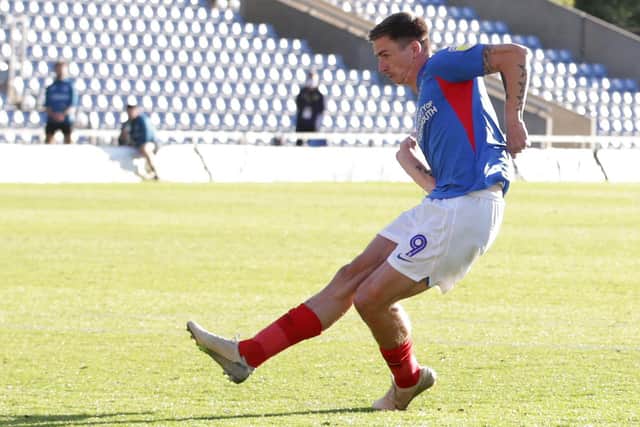 Oli Hawkins scored his penatly in Pompey's shootout defeat to Oxford in the League One play-offs. Picture: Robin Jones/Getty Images
