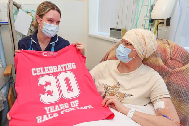 Maria Dark with breast cancer patient Lisa Bailey Picture: Stuart Martin/ Cancer Research